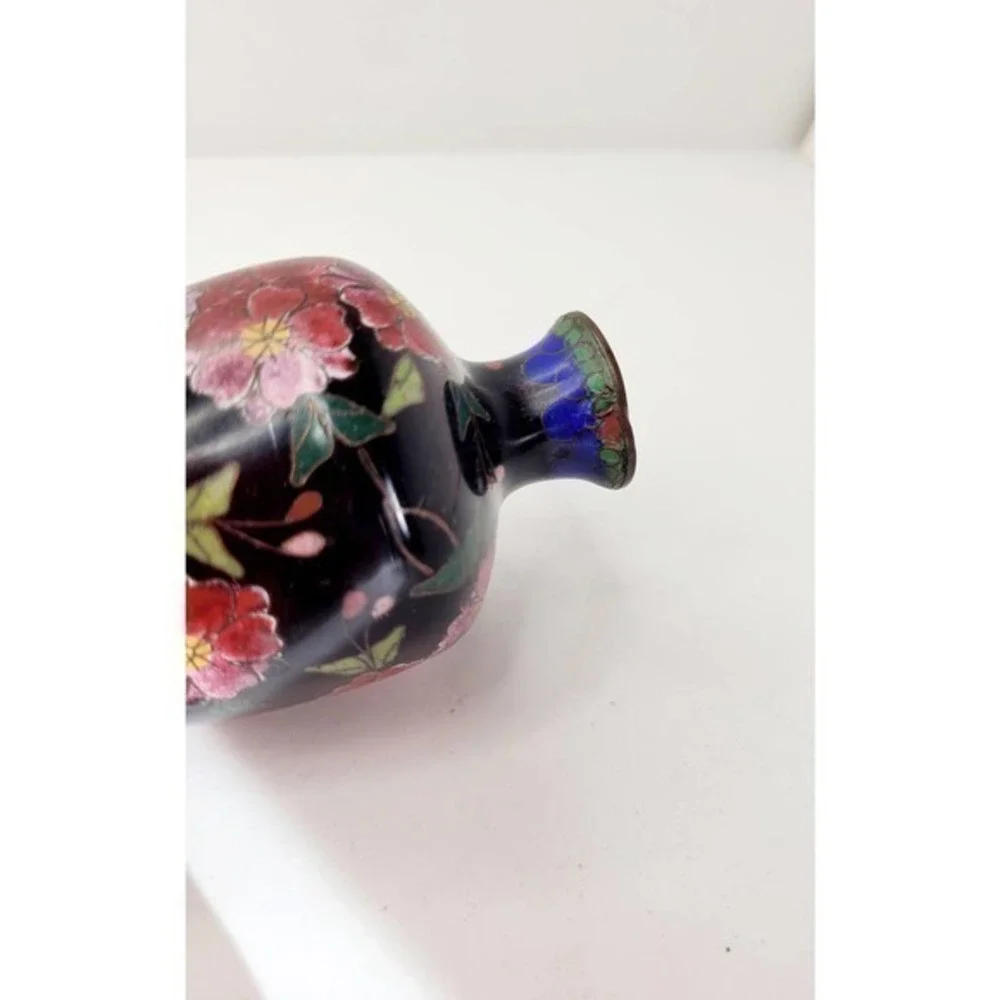 HP Antique Chinese Blue Pink Floral Chrysanthemums Butterflies‎ Cloisonné Vase